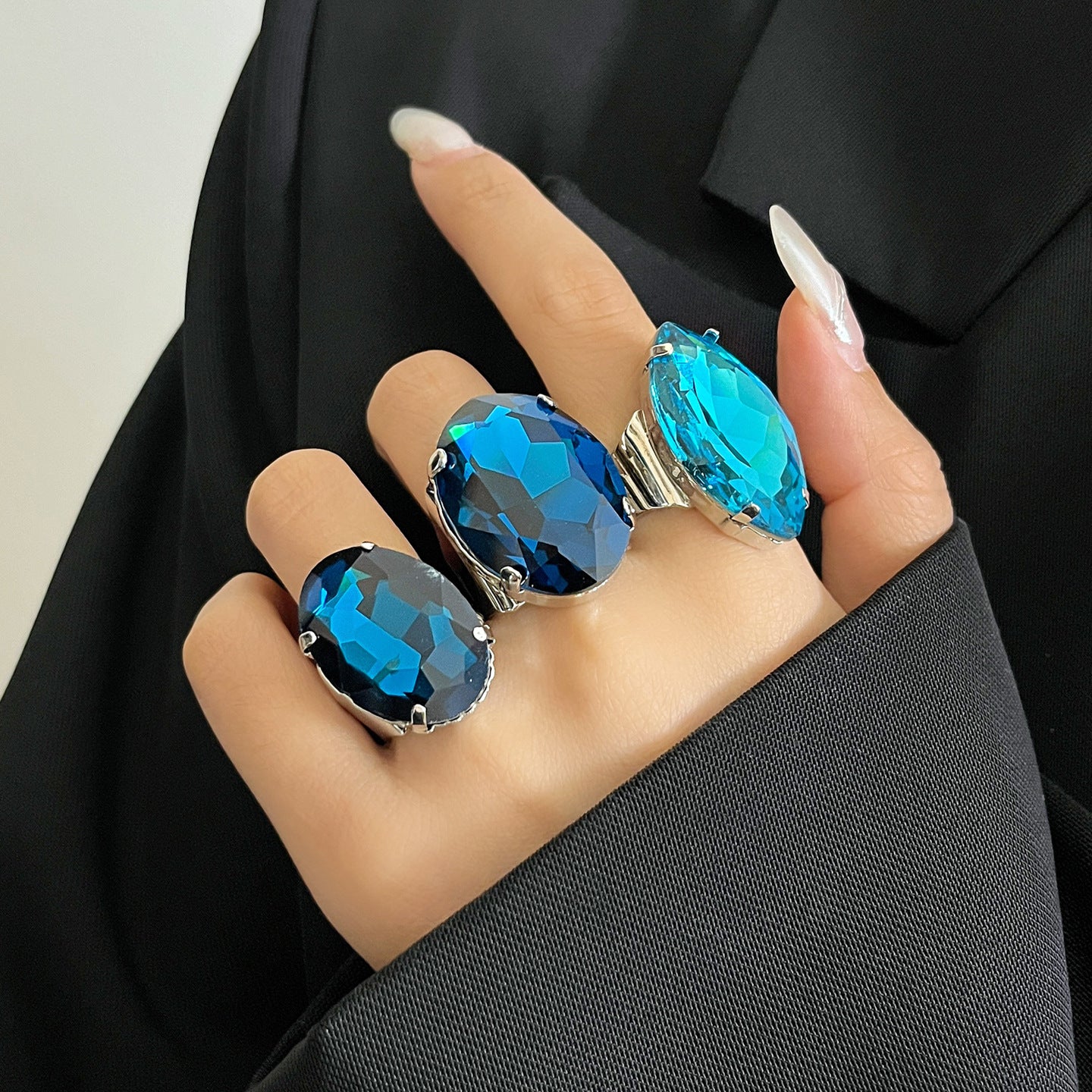 Oval Gemstone Open Ring with Crystal Design