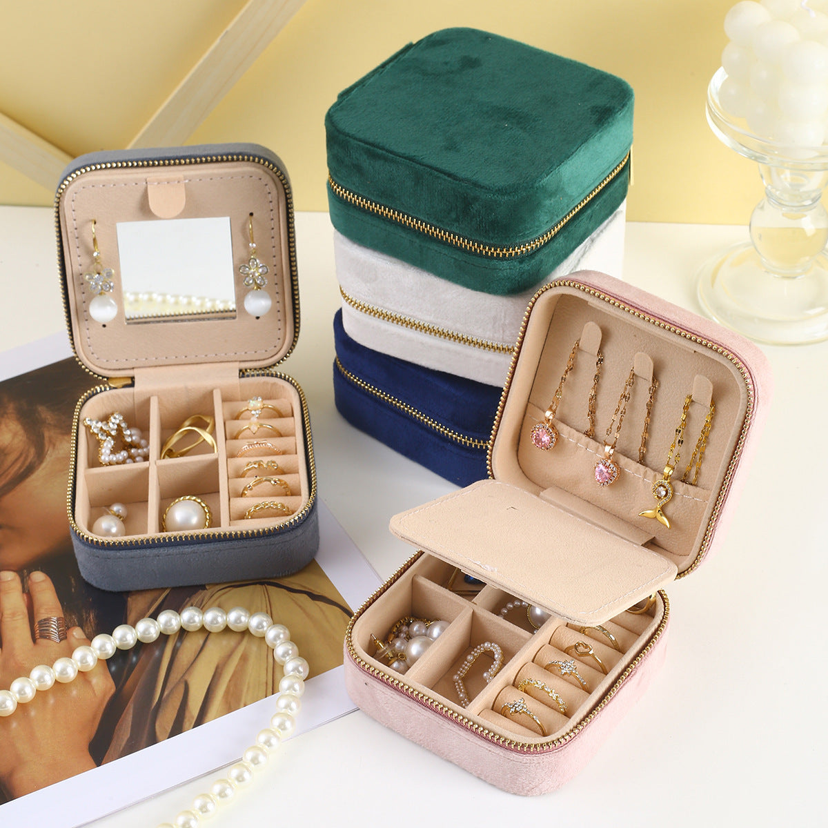 Velvet Jewelry Storage Box with Mirror