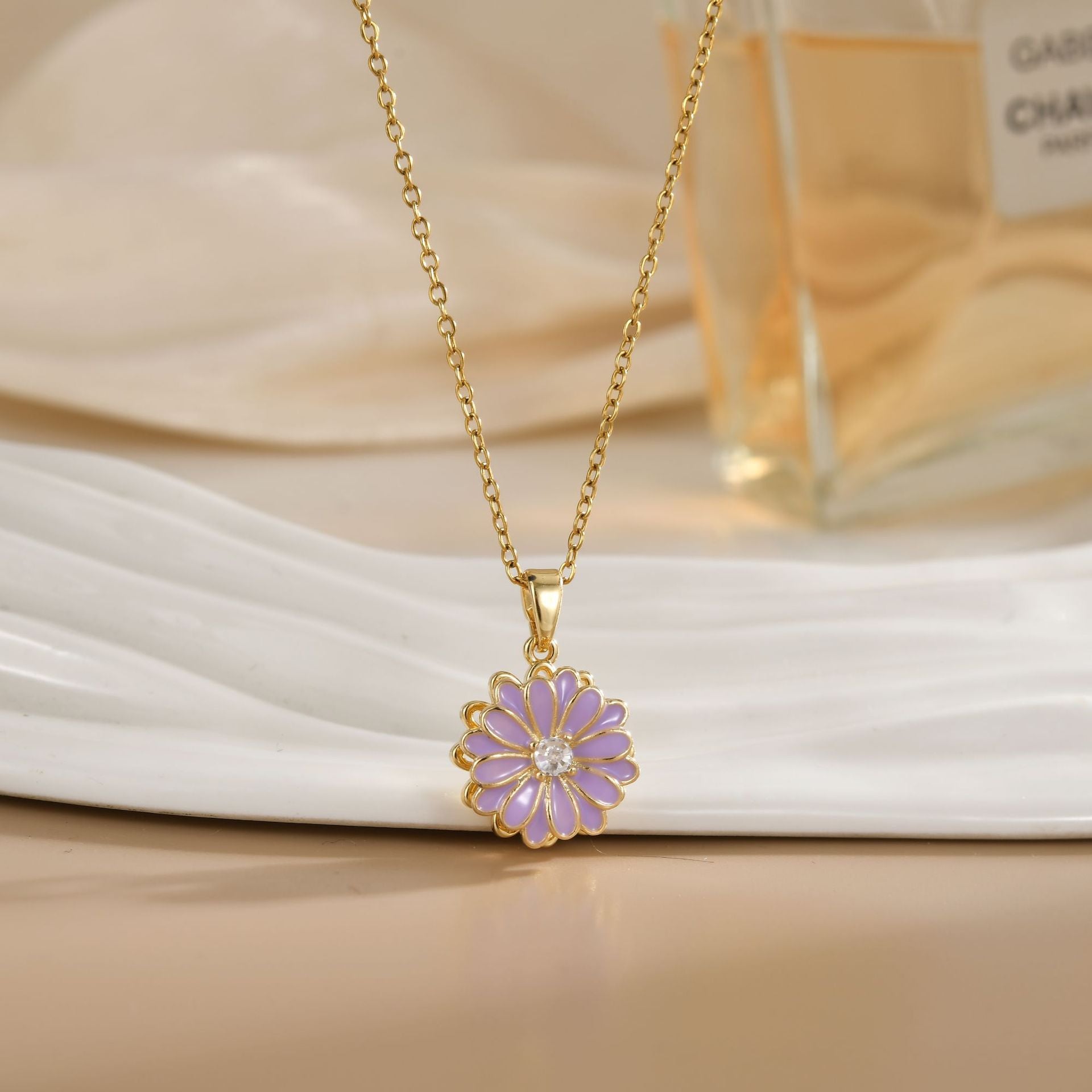 Rotating Zircon Flower Titanium Steel Necklace