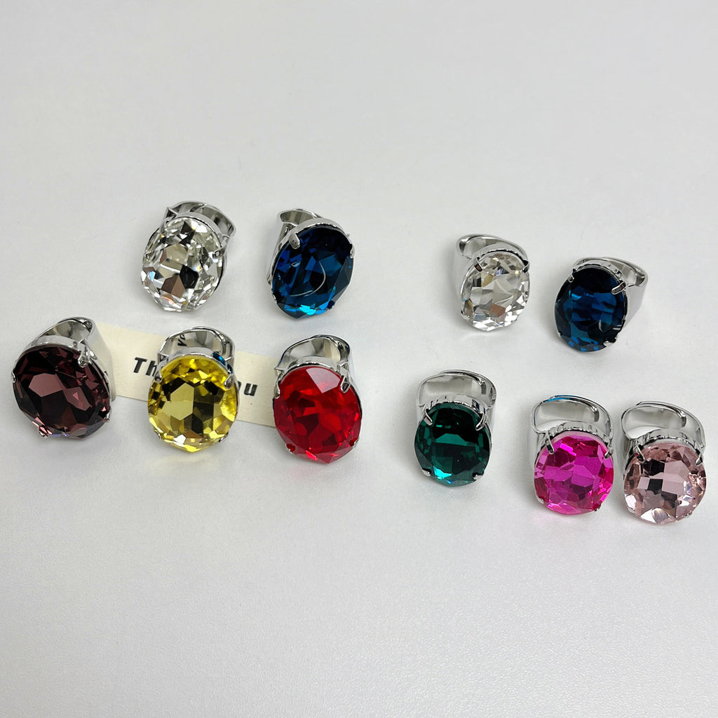 Oval Gemstone Open Ring with Crystal Design