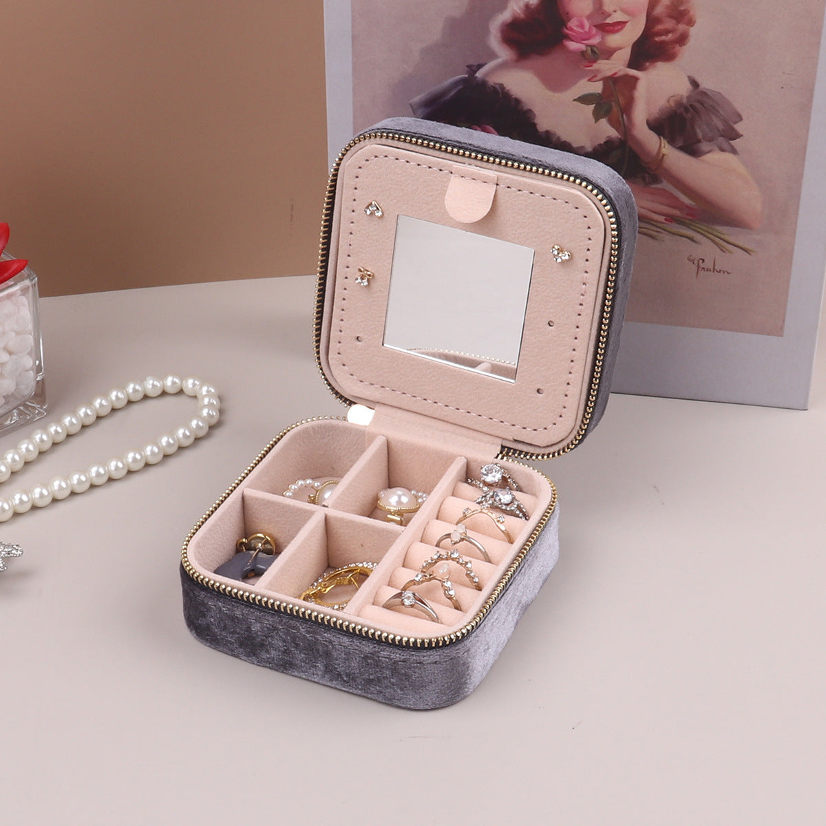 Velvet Jewelry Storage Box with Mirror
