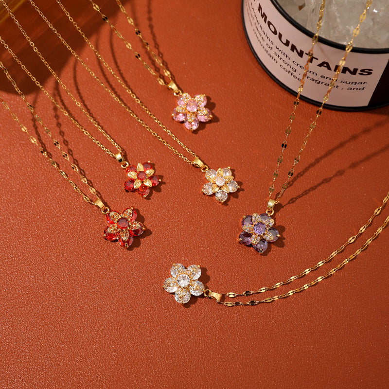 Rotatable Flower Zircon Necklace