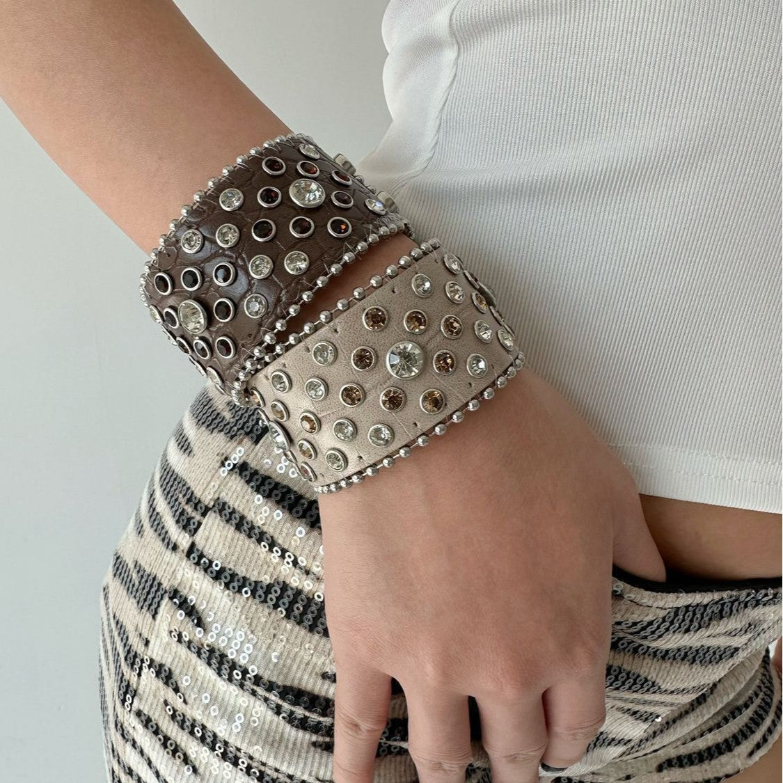 Punk Rhinestone Snap Leather Bracelet