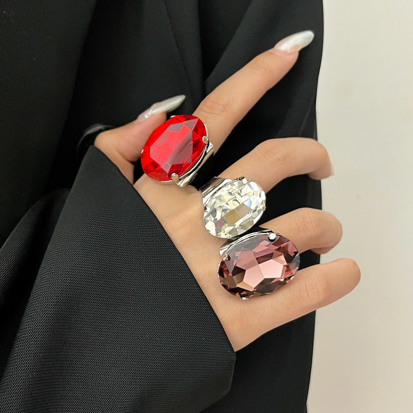 Oval Gemstone Open Ring with Crystal Design