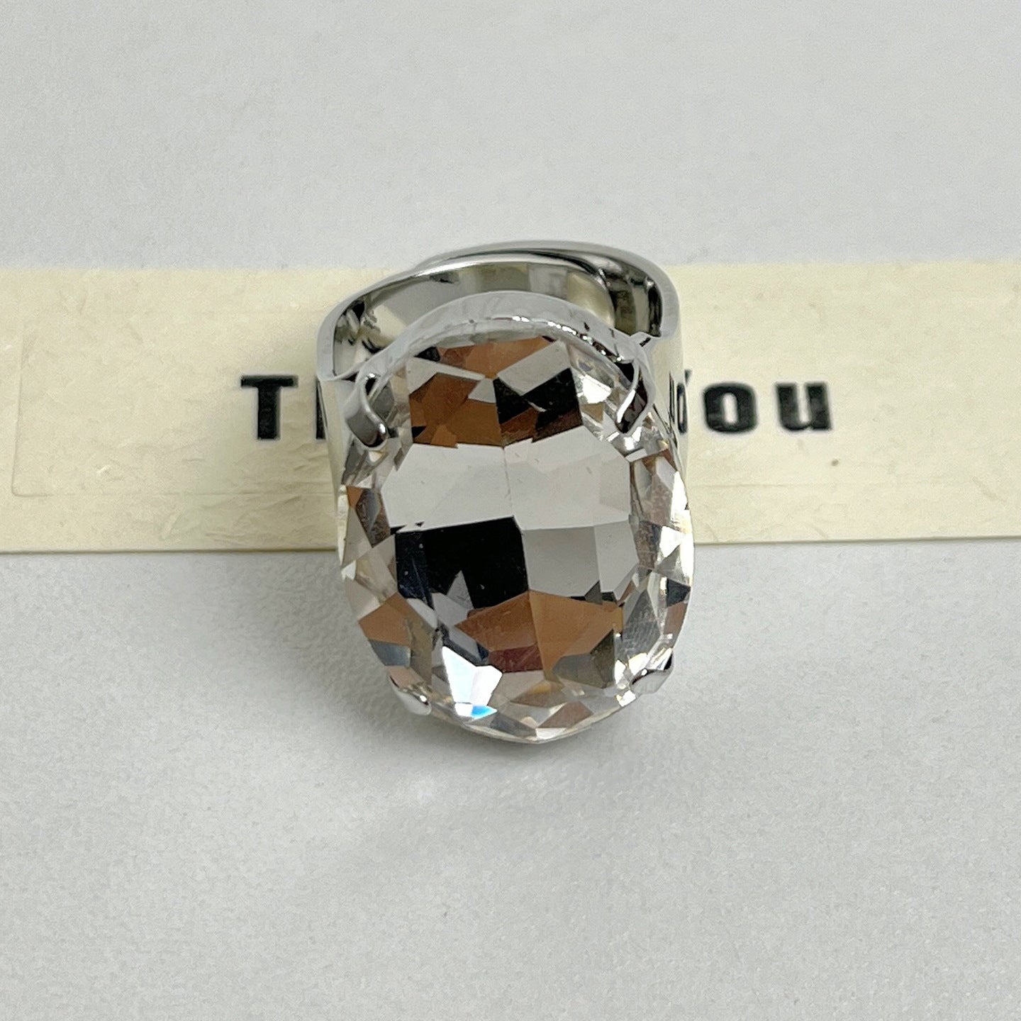 Oval Gemstone Open Ring with Crystal Design