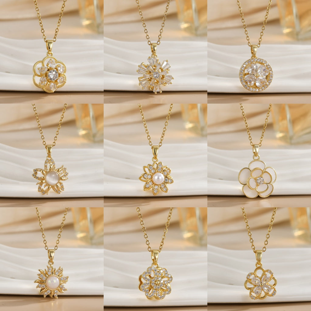 Rotating Zircon Flower Titanium Steel Necklace