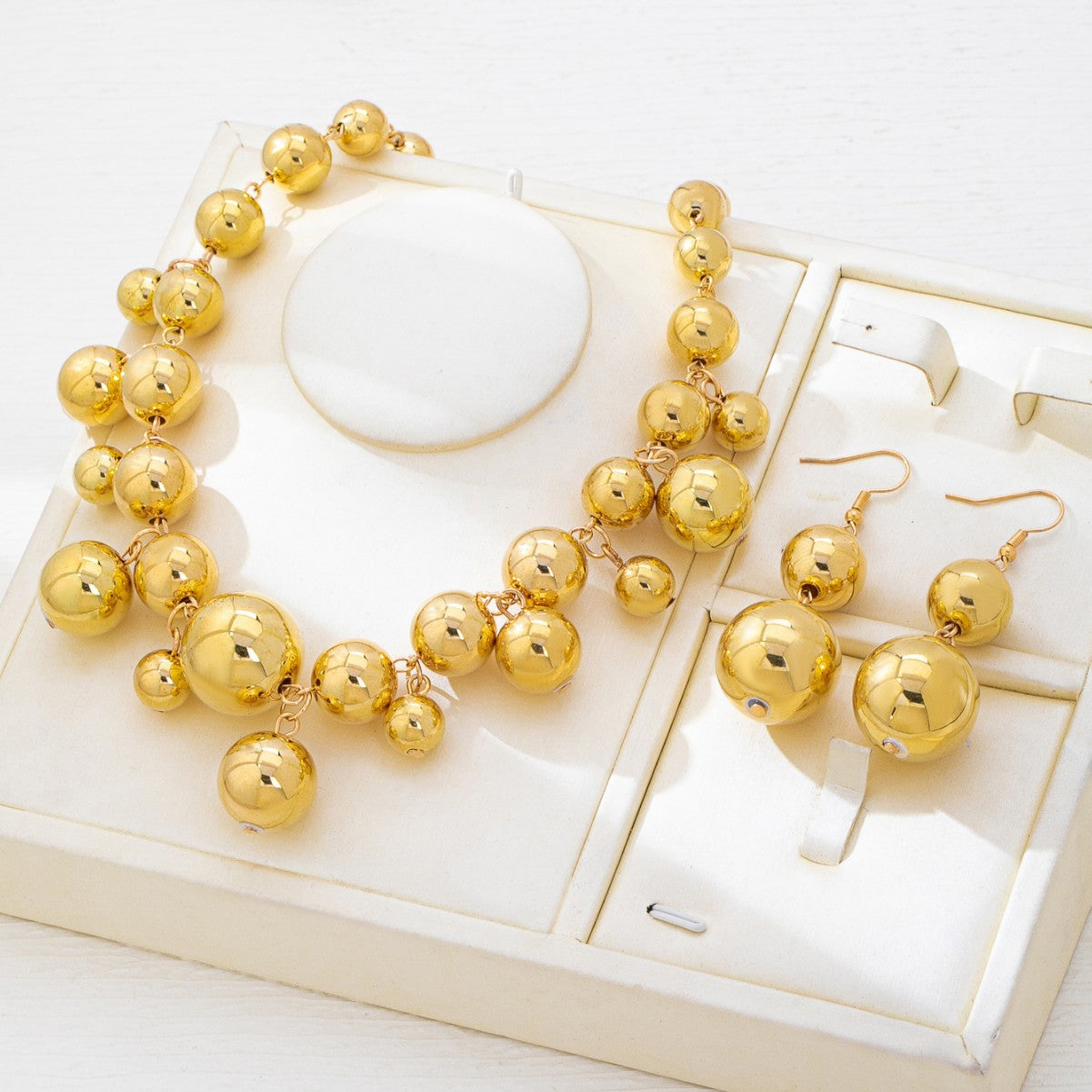 Exaggerated Gold Metal Ball Bead Necklace and Earring