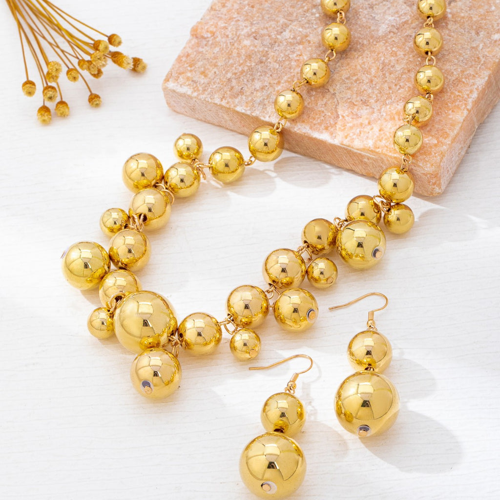 Exaggerated Gold Metal Ball Bead Necklace and Earring