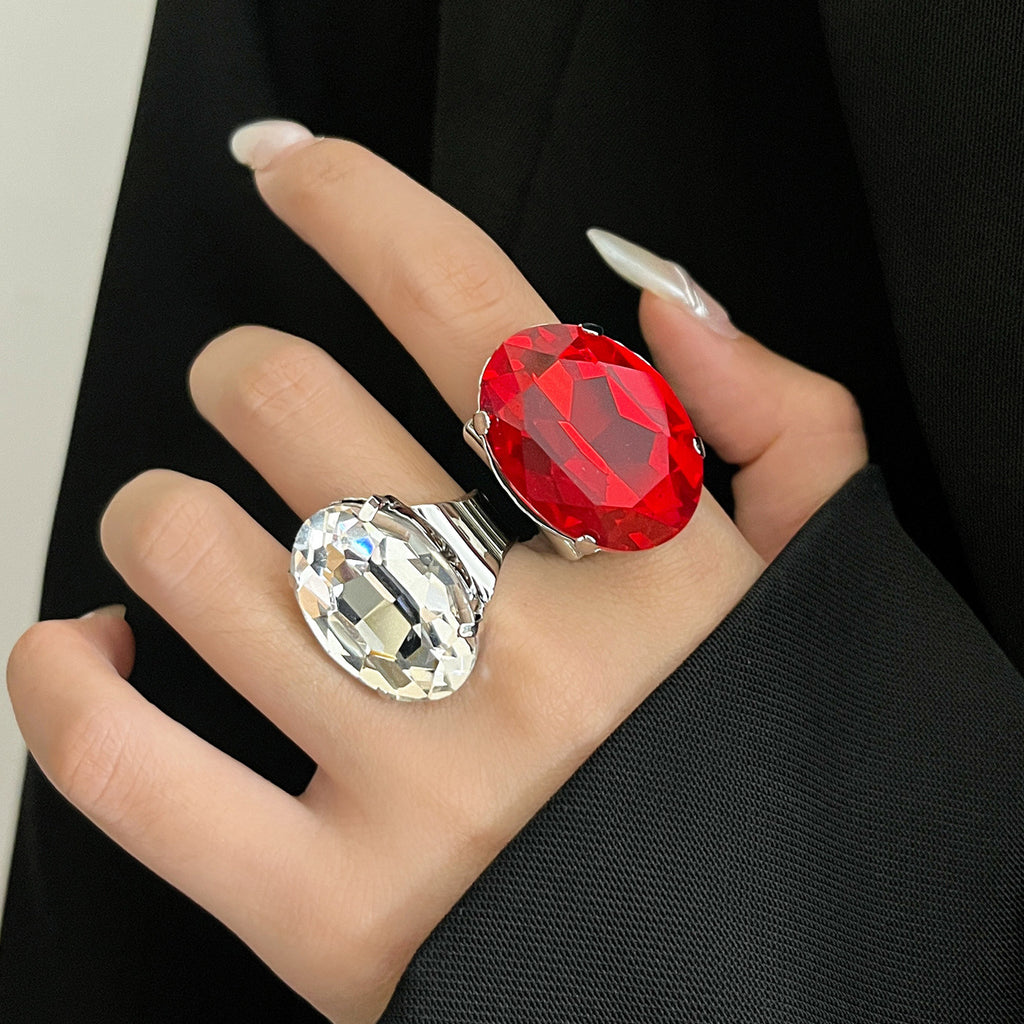 Oval Gemstone Open Ring with Crystal Design